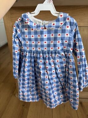 Hanna Andersson Blue and White Gingham Dress with Red Hearts